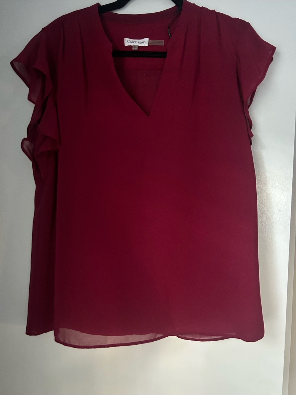 Calvin Klein Wine Red V-Neck Ruffle Sleeve Blouse